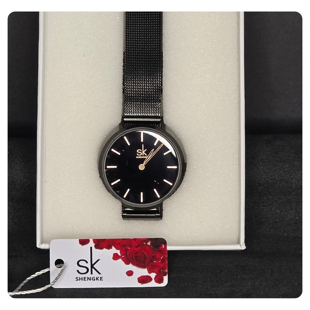 Shengke Wrist Watch Women OS Black Mesh Band K0181L Minimalist Accessory